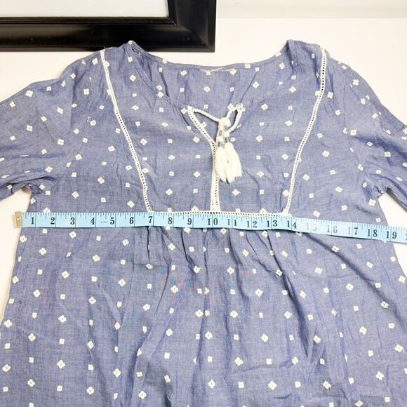 Boho Chambray Embroidered Peasant Blouse Tassel Tie Long Sleeve Medium - Picture 5 of 6